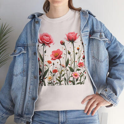 Wildflowers and Pink Roses, Graphic T-Shirts for Women, Floral Shirt, Womens Short Sleeve, Ladies Graphic Tees #5022TTS