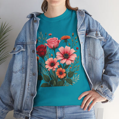 Wildflowers and Pink & Red Roses, Graphic T-Shirts for Women, Floral Shirt, Womens Short Sleeve, Ladies Graphic Tees #5133TTS
