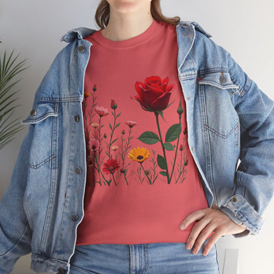 Wildflowers and a Red Rose, Graphic T-Shirts for Women, Floral Shirt, Womens Short Sleeve, Ladies Graphic Tees #5006TTS