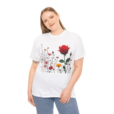 Wildflowers and a Red Rose, Graphic T-Shirts for Women, Floral Shirt, Womens Short Sleeve, Ladies Graphic Tees #5006TTS
