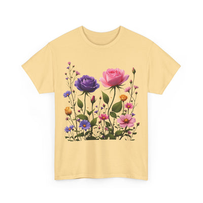 Wildflowers and Pink/Violet Roses, Graphic T-Shirts for Women, Floral Shirt, Womens Short Sleeve, Ladies Graphic Tees #5101TTS