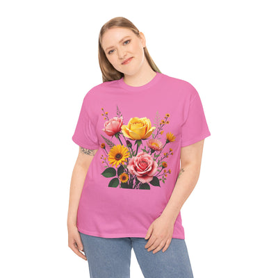 Wildflowers and Pink & Yellow Roses, Graphic T-Shirts for Women, Floral Shirt, Womens Short Sleeve, Ladies Graphic Tees #5146TTS