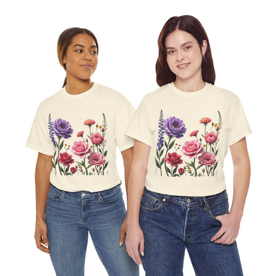 Wildflowers and Pink/Violet Roses, Graphic T-Shirts for Women, Floral Shirt, Womens Short Sleeve, Ladies Graphic Tees #5100TTS
