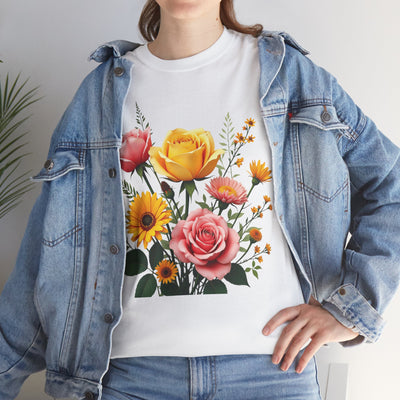 Wildflowers and Pink & Yellow Roses, Graphic T-Shirts for Women, Floral Shirt, Womens Short Sleeve, Ladies Graphic Tees #5146TTS