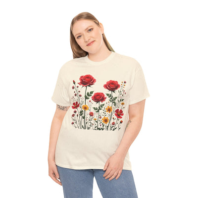 Wildflowers and Red Roses, Graphic T-Shirts for Women, Floral Shirt, Womens Short Sleeve, Ladies Graphic Tees #5034TTS