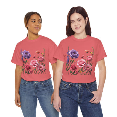 Wildflowers and Pink/Violet Roses, Graphic T-Shirts for Women, Floral Shirt, Womens Short Sleeve, Ladies Graphic Tees #5100TTS