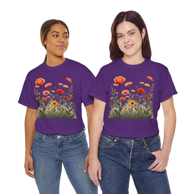 Wildflowers and Orange Roses, Graphic T-Shirts for Women, Floral Shirt, Womens Short Sleeve, Ladies Graphic Tees #5045TTS