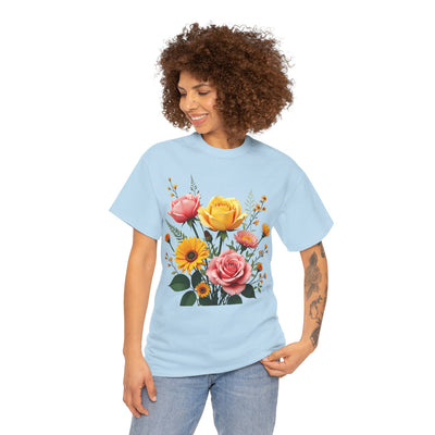 Wildflowers and Pink & Yellow Roses, Graphic T-Shirts for Women, Floral Shirt, Womens Short Sleeve, Ladies Graphic Tees #5146TTS