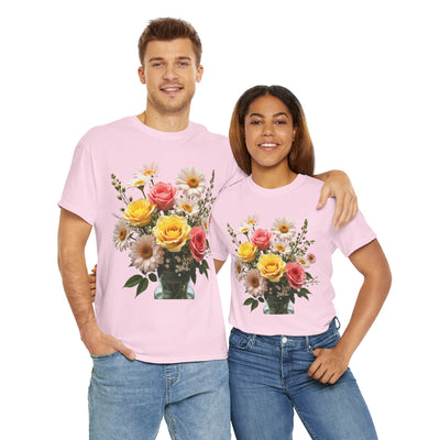 Wildflowers and Pink & Yellow Roses, Graphic T-Shirts for Women, Floral Shirt, Womens Short Sleeve, Ladies Graphic Tees #5136TTS