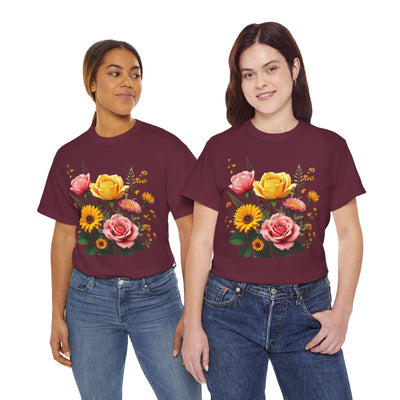 Wildflowers and Pink & Yellow Roses, Graphic T-Shirts for Women, Floral Shirt, Womens Short Sleeve, Ladies Graphic Tees #5146TTS