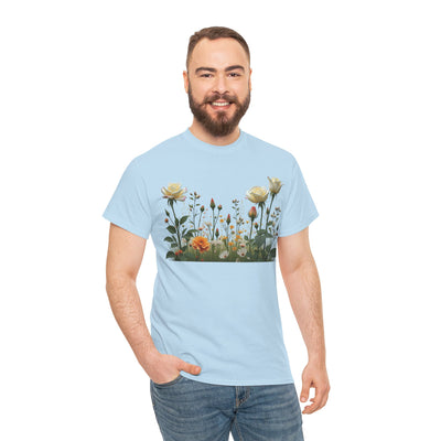 Wildflowers and White Roses, Graphic T-Shirts for Women, Floral Shirt, Womens Short Sleeve, Ladies Graphic Tees #5039TTS