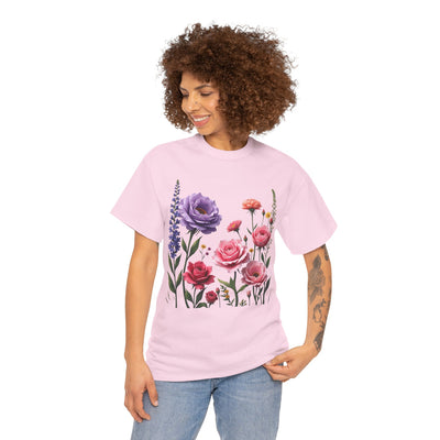 Wildflowers and Pink/Violet Roses, Graphic T-Shirts for Women, Floral Shirt, Womens Short Sleeve, Ladies Graphic Tees #5100TTS