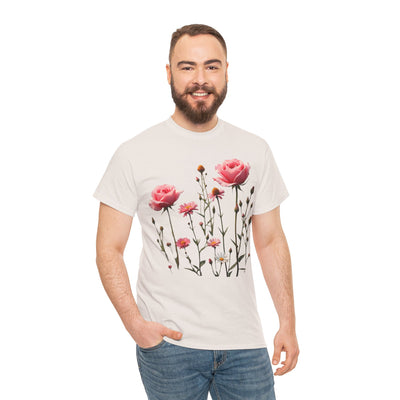 Wildflowers and Pink Roses, Graphic T-Shirts for Women, Floral Shirt, Womens Short Sleeve, Ladies Graphic Tees #5018TTS