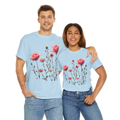 Wildflowers and Pink Roses, Graphic T-Shirts for Women, Floral Shirt, Womens Short Sleeve, Ladies Graphic Tees #5018TTS