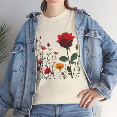 Wildflowers and a Red Rose, Graphic T-Shirts for Women, Floral Shirt, Womens Short Sleeve, Ladies Graphic Tees #5006TTS