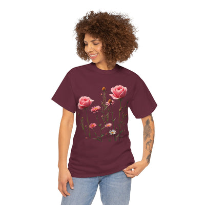 Wildflowers and Pink Roses, Graphic T-Shirts for Women, Floral Shirt, Womens Short Sleeve, Ladies Graphic Tees #5018TTS