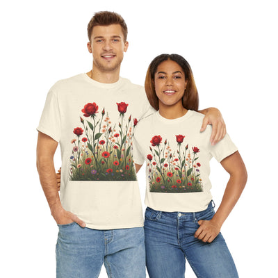 Wildflowers and Red Roses, Graphic T-Shirts for Women, Floral Shirt, Womens Short Sleeve, Ladies Graphic Tees #5032TTS