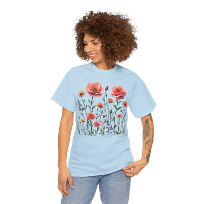 Wildflowers and Pink Roses, Graphic T-Shirts for Women, Floral Shirt, Womens Short Sleeve, Ladies Graphic Tees #5015TTS