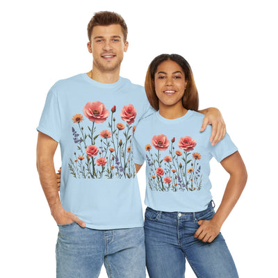 Wildflowers and Pink Roses, Graphic T-Shirts for Women, Floral Shirt, Womens Short Sleeve, Ladies Graphic Tees #5015TTS