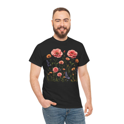 Wildflowers and Pink Roses, Graphic T-Shirts for Women, Floral Shirt, Womens Short Sleeve, Ladies Graphic Tees #5015TTS