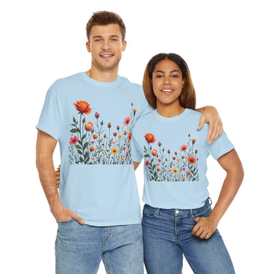 Wildflowers and Orange Roses, Graphic T-Shirts for Women, Floral Shirt, Womens Short Sleeve, Ladies Graphic Tees #5042TTS