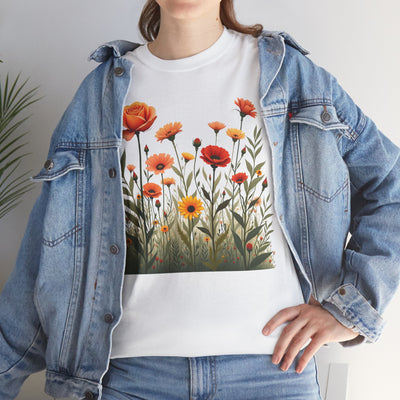 Wildflowers and Orange Roses, Graphic T-Shirts for Women, Floral Shirt, Womens Short Sleeve, Ladies Graphic Tees #5045TTS