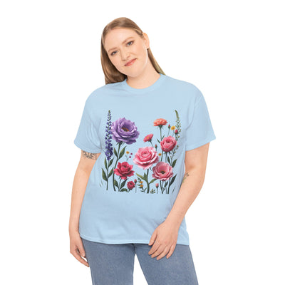 Wildflowers and Pink/Violet Roses, Graphic T-Shirts for Women, Floral Shirt, Womens Short Sleeve, Ladies Graphic Tees #5100TTS