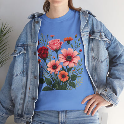 Wildflowers and Pink & Red Roses, Graphic T-Shirts for Women, Floral Shirt, Womens Short Sleeve, Ladies Graphic Tees #5133TTS
