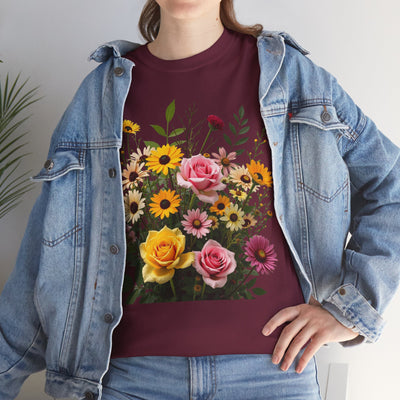 Wildflowers and Pink & Yellow Roses, Graphic T-Shirts for Women, Floral Shirt, Womens Short Sleeve, Ladies Graphic Tees #5150TTS