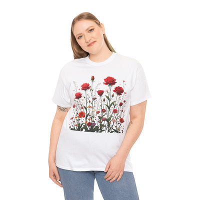 Wildflowers and Red Roses, Graphic T-Shirts for Women, Floral Shirt, Womens Short Sleeve, Ladies Graphic Tees #5035TTS