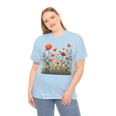 Wildflowers and Orange Roses, Graphic T-Shirts for Women, Floral Shirt, Womens Short Sleeve, Ladies Graphic Tees #5045TTS