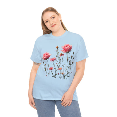 Wildflowers and Pink Roses, Graphic T-Shirts for Women, Floral Shirt, Womens Short Sleeve, Ladies Graphic Tees #5018TTS