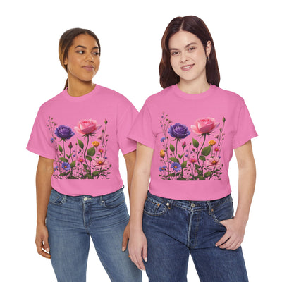 Wildflowers and Pink/Violet Roses, Graphic T-Shirts for Women, Floral Shirt, Womens Short Sleeve, Ladies Graphic Tees #5101TTS