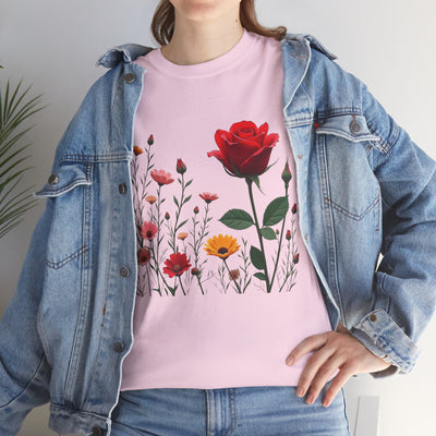 Wildflowers and a Red Rose, Graphic T-Shirts for Women, Floral Shirt, Womens Short Sleeve, Ladies Graphic Tees #5006TTS