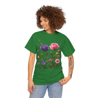 Wildflowers and Pink/Violet Roses, Graphic T-Shirts for Women, Floral Shirt, Womens Short Sleeve, Ladies Graphic Tees #5101TTS