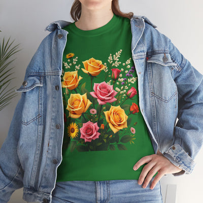 Wildflowers and Pink & Yellow Roses, Graphic T-Shirts for Women, Floral Shirt, Womens Short Sleeve, Ladies Graphic Tees #5142TTS