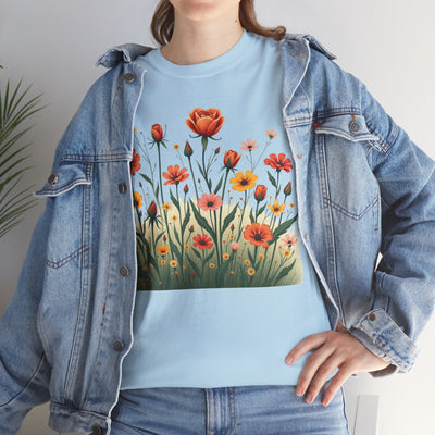 Wildflowers and Orange Roses, Graphic T-Shirts for Women, Floral Shirt, Womens Short Sleeve, Ladies Graphic Tees #5047TTS