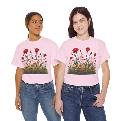 Wildflowers and Red Roses, Graphic T-Shirts for Women, Floral Shirt, Womens Short Sleeve, Ladies Graphic Tees #5032TTS