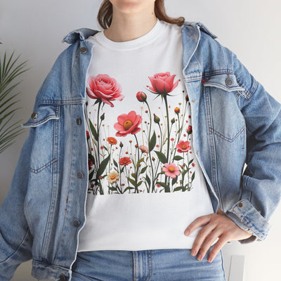 Wildflowers and Pink Roses, Graphic T-Shirts for Women, Floral Shirt, Womens Short Sleeve, Ladies Graphic Tees #5022TTS