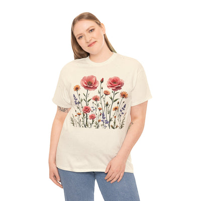 Wildflowers and Pink Roses, Graphic T-Shirts for Women, Floral Shirt, Womens Short Sleeve, Ladies Graphic Tees #5015TTS