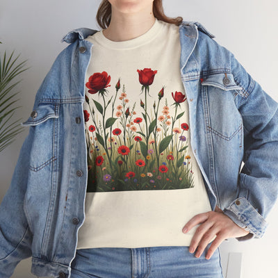 Wildflowers and Red Roses, Graphic T-Shirts for Women, Floral Shirt, Womens Short Sleeve, Ladies Graphic Tees #5032TTS