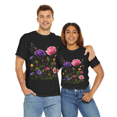 Wildflowers and Pink/Violet Roses, Graphic T-Shirts for Women, Floral Shirt, Womens Short Sleeve, Ladies Graphic Tees #5101TTS