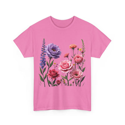 Wildflowers and Pink/Violet Roses, Graphic T-Shirts for Women, Floral Shirt, Womens Short Sleeve, Ladies Graphic Tees #5100TTS