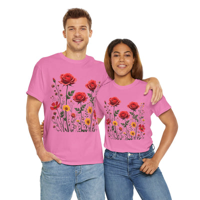 Wildflowers and Red Roses, Graphic T-Shirts for Women, Floral Shirt, Womens Short Sleeve, Ladies Graphic Tees #5034TTS