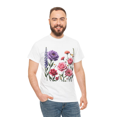Wildflowers and Pink/Violet Roses, Graphic T-Shirts for Women, Floral Shirt, Womens Short Sleeve, Ladies Graphic Tees #5100TTS