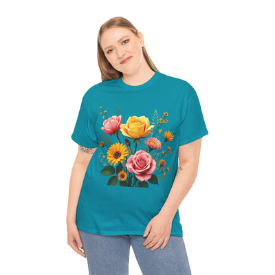 Wildflowers and Pink & Yellow Roses, Graphic T-Shirts for Women, Floral Shirt, Womens Short Sleeve, Ladies Graphic Tees #5146TTS