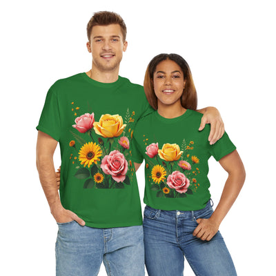 Wildflowers and Pink & Yellow Roses, Graphic T-Shirts for Women, Floral Shirt, Womens Short Sleeve, Ladies Graphic Tees #5146TTS