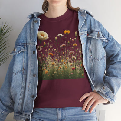 Wildflowers and White Roses, Graphic T-Shirts for Women, Floral Shirt, Womens Short Sleeve, Ladies Graphic Tees #5041TTS