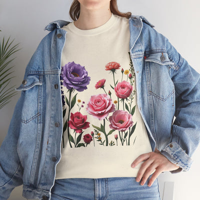 Wildflowers and Pink/Violet Roses, Graphic T-Shirts for Women, Floral Shirt, Womens Short Sleeve, Ladies Graphic Tees #5100TTS