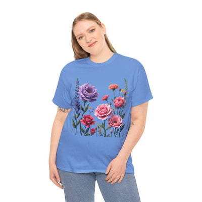 Wildflowers and Pink/Violet Roses, Graphic T-Shirts for Women, Floral Shirt, Womens Short Sleeve, Ladies Graphic Tees #5100TTS